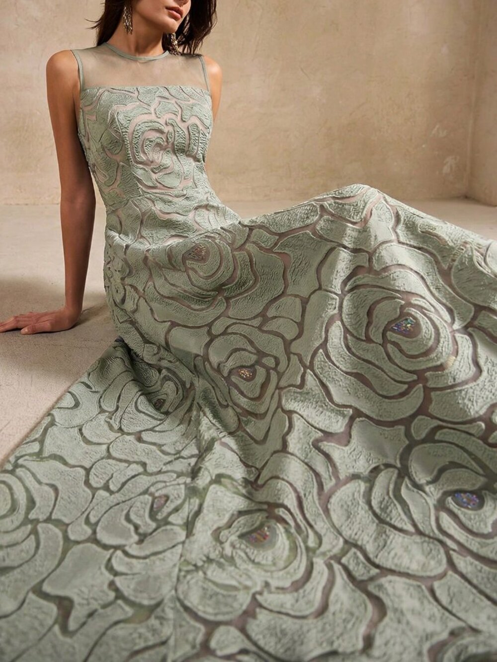 Green Elegant Regular Fit Women's Lace Hollow Floral Embroidered A-Line Dress